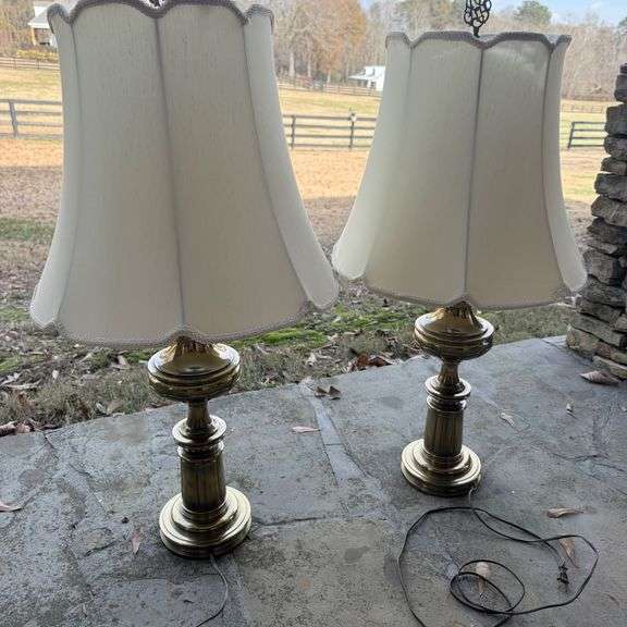 Pair of Elegant Brass Lamps with Cream Fabric Shades image