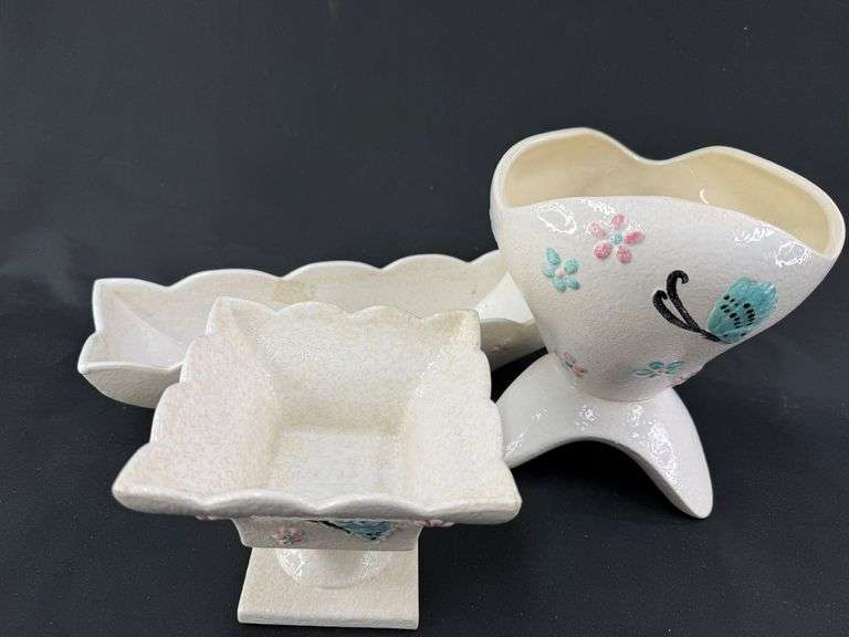 Triplet of Vintage Ceramic Floral & Butterfly Planters by Hull USA image