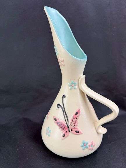 Whimsical Hull Pottery Pitcher with Butterfly and Floral Design image