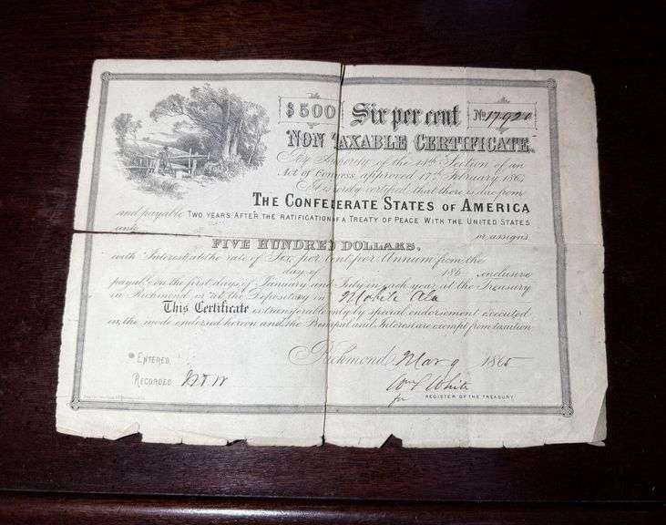 $500 Dollar Bond from 1865 Confederate States of America