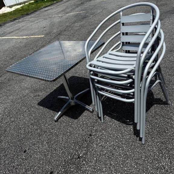 Silver Metal Outdoor Patio Table with Four Chairs