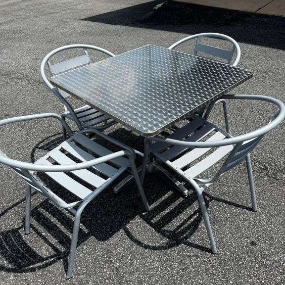 Silver Metal Outdoor Patio Table with Four Chairs