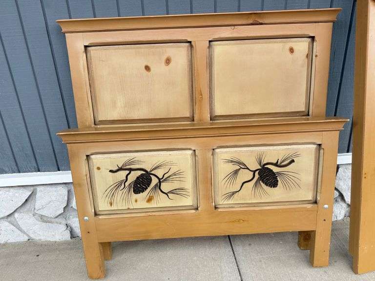 Full Size Pine Bed Frame with Carved Pinecone Design