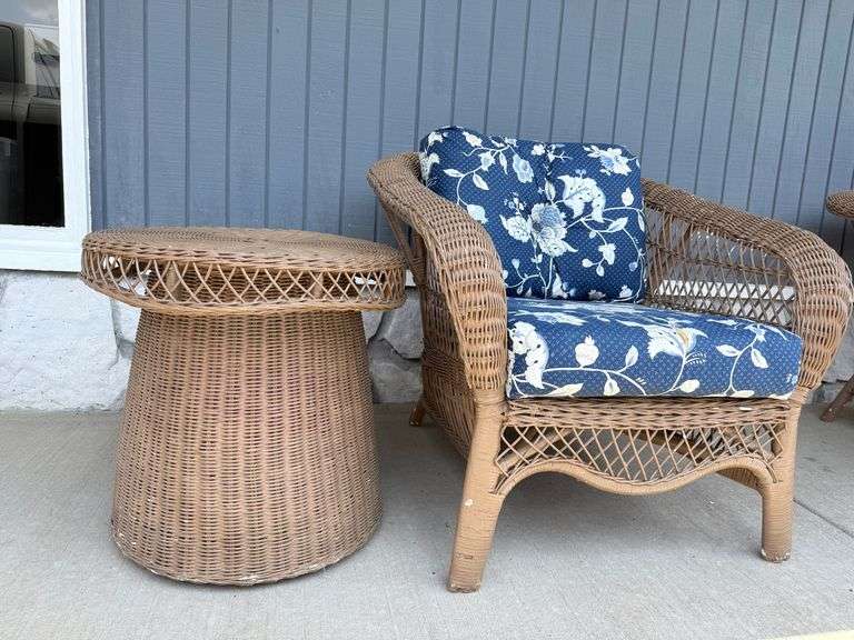 Wicker Chair and Side Table Set with Floral Cushions image