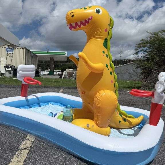 Inflatable Dinosaur Pool with Basketball Hoops & Water Toys