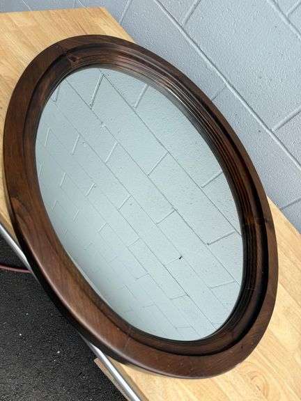 Dark Wood Framed Round Mirror