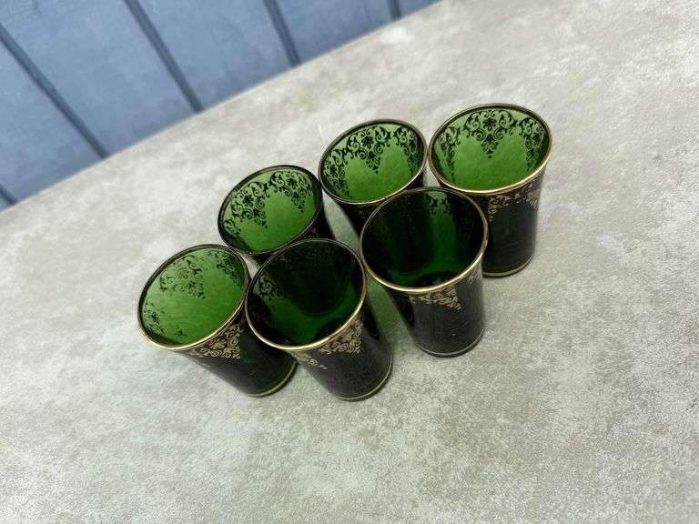 Czech Emerald Green Glass Decanter Set with Six Glasses