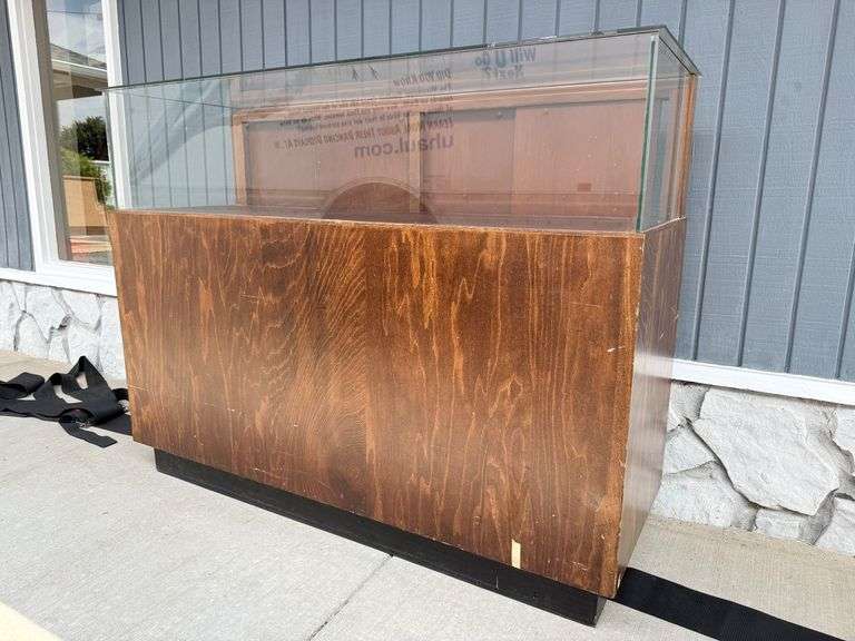 Wood Display Cabinet with Sliding Doors and Glass Top image