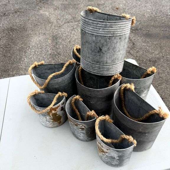 Lot of Galvanized Metal Buckets with Rope Handles