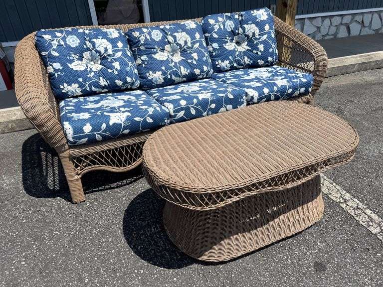 Wicker Loveseat and Coffee Table Set with Floral Cushions image