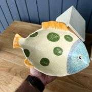 Hand Painted Pottery Fish Plate and Two Decorative Birdhouses
