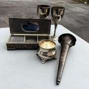 Silver Plated Assortment - Jewelry Box, Goblets, and Flower Vases