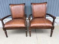 Pair of Wood Framed Arm Chairs with Leather Seats