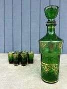 Czech Emerald Green Glass Decanter Set with Six Glasses