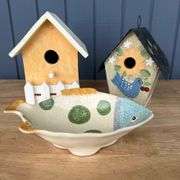Hand Painted Pottery Fish Plate and Two Decorative Birdhouses