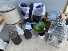 Home Decor Bundle with Blanket, Lamp, Lanterns, Diffuser, Faux Plant and Basket