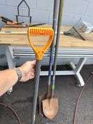 Assorted Garden Tools: Shovels, Rakes, Hedge Trimmers, and More