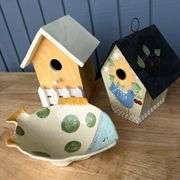 Hand Painted Pottery Fish Plate and Two Decorative Birdhouses