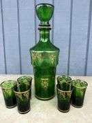 Czech Emerald Green Glass Decanter Set with Six Glasses