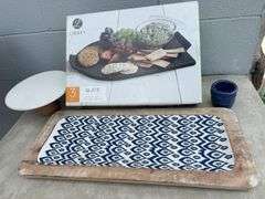 Libbey Slate Serving Set, Patterned Serving Tray, & Handmade Blue Pottery Cup