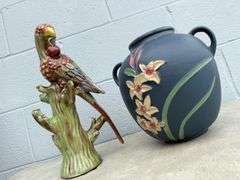 Roseville Pottery Vase and Parrot Figurine