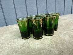 Czech Emerald Green Glass Decanter Set with Six Glasses