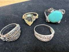 Assorted Sterling Ring Lot with Turquoise, Marcasite, and Faceted Stone
