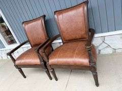 Pair of Wood Framed Arm Chairs with Leather Seats