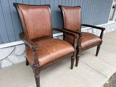 Pair of Wood Framed Arm Chairs with Leather Seats