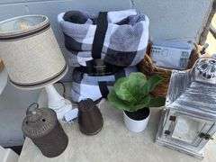 Home Decor Bundle with Blanket, Lamp, Lanterns, Diffuser, Faux Plant and Basket