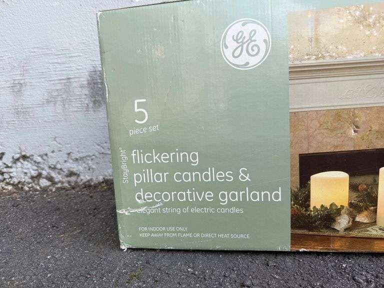 GE Staybright Flickering Pillar Candles & Decorative Garland 5 Piece Set