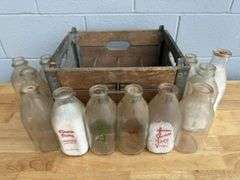Collection of Glass Milk Bottles with Wooden Crate