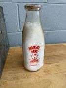 Collection of Glass Milk Bottles with Wooden Crate