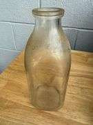 Collection of Glass Milk Bottles with Wooden Crate
