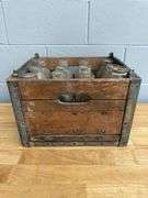 Collection of Glass Milk Bottles with Wooden Crate