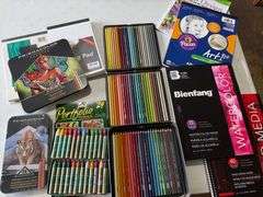 Mixed Lot of Art Supplies: Prismacolor Pencils, Oil Pastels, Watercolor Paper, and Coloring Book