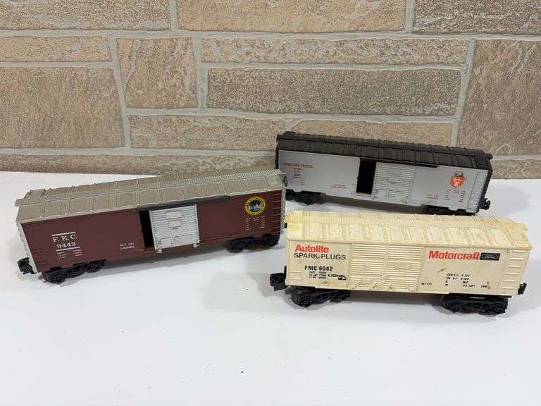 3 - Lionel Box Car Rolling Stock; Canadian Pacific CP #9442, Florida East Coast FEC #9443, Ford FMC #9042 image