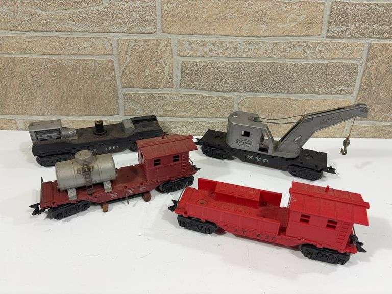 4 - Marx Rolling Stock Maintenance Cars, GEX #4583 Search Light Car, AT&SF Working Caboose, NYC Track Cleaning Car, NYC Crane Car image