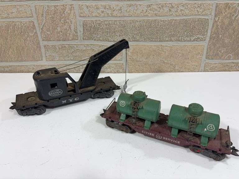 2 - Marx Rolling Stock Maintenance Cars; New York Central NYC Crane Car, Cities Service Two Tank Flatcar image