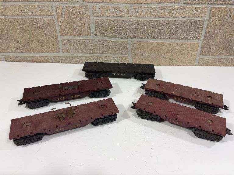5 - Marx Rolling Stock Flatcars; (2) ERIE, ERIE #4528, NYC, SOU #51100 image
