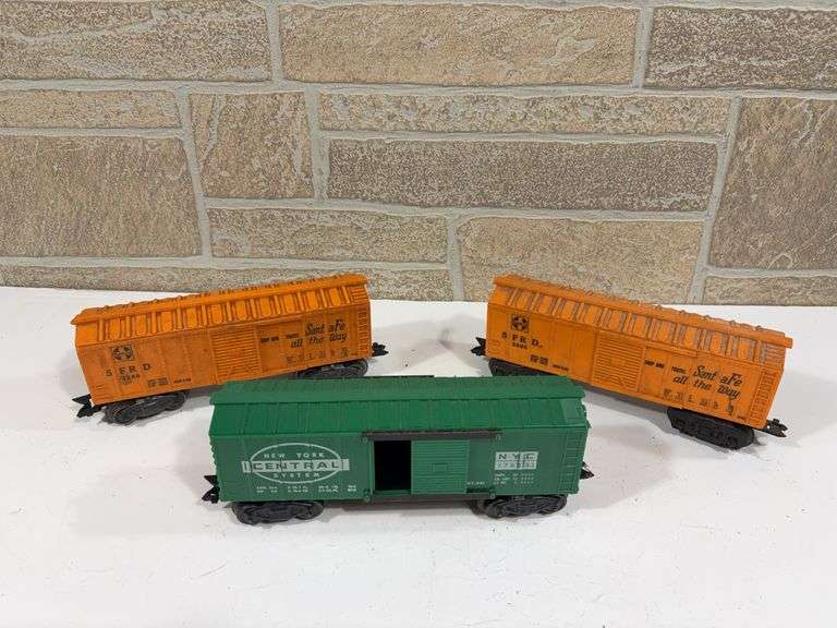 3 - Marx Rolling Stock Box Cars; New York Central NYC #17693, (2) Santa Fe SFRD #3280 image