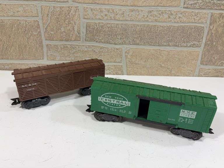 2 - Marx Rolling Stock; Santa Fe AT&SF #13975 Cattle Car, New York Central NYC #17693 Boxcar image