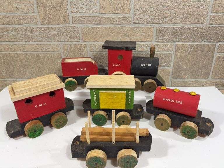 Vintage Wooden Homemade 6pc Train Set image