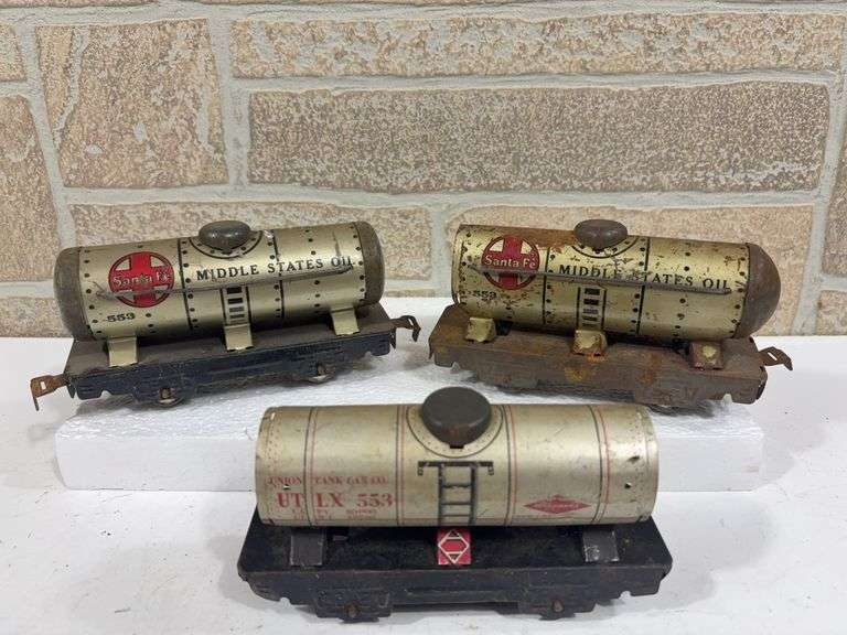 3 - Marx Tin Rolling Stock; (2) Santa Fe Middle States Oil #553 Tank Cars, Union Tank Car UTLX #553 Tank Car image
