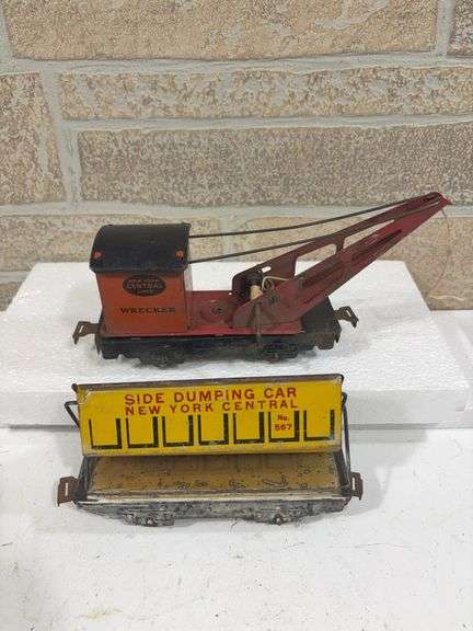 2 - Marx Tin Rolling Stock; New York Central Wrecker Car, New York Central Side Dumping Car #567 image