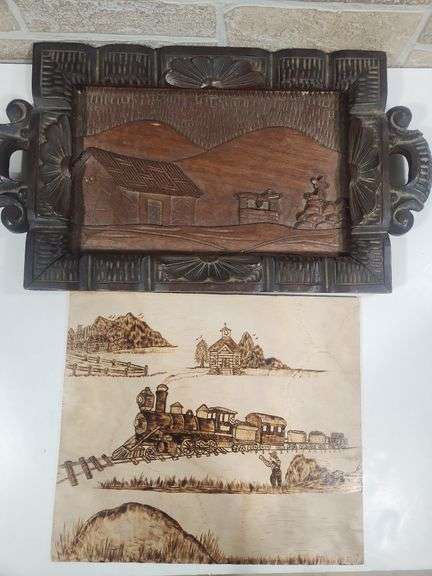 Wooden landscape tray coupled with a wood burned train print image