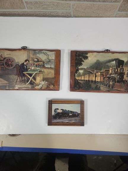 Various train prints on wood image