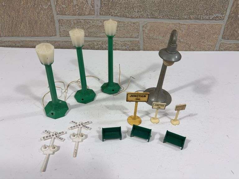 Collection of Model Train Accessories; Lights, Signs, Benches image
