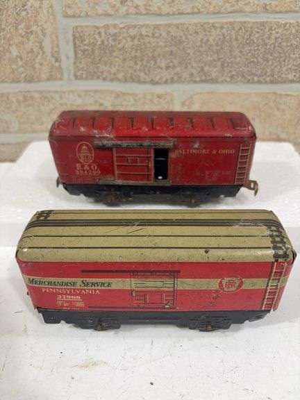 2 - Marx Tin Rolling Stock; Baltimore & Ohio B&O #384299 Box Car, Merchandise Service Pennsylvania #37966 Box Car image