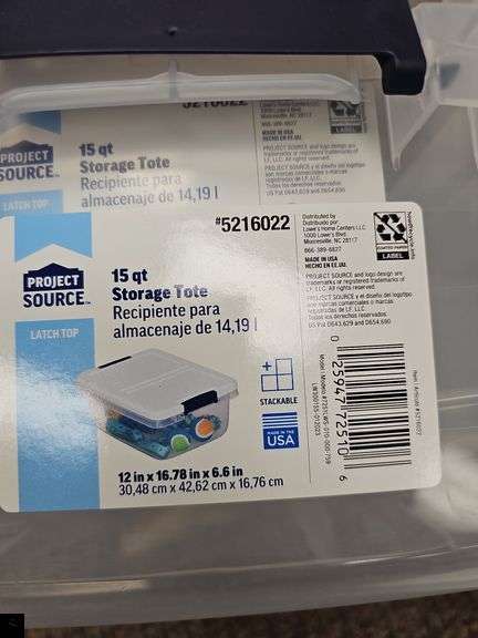 Three Project Source 15 qt storage totes with lids